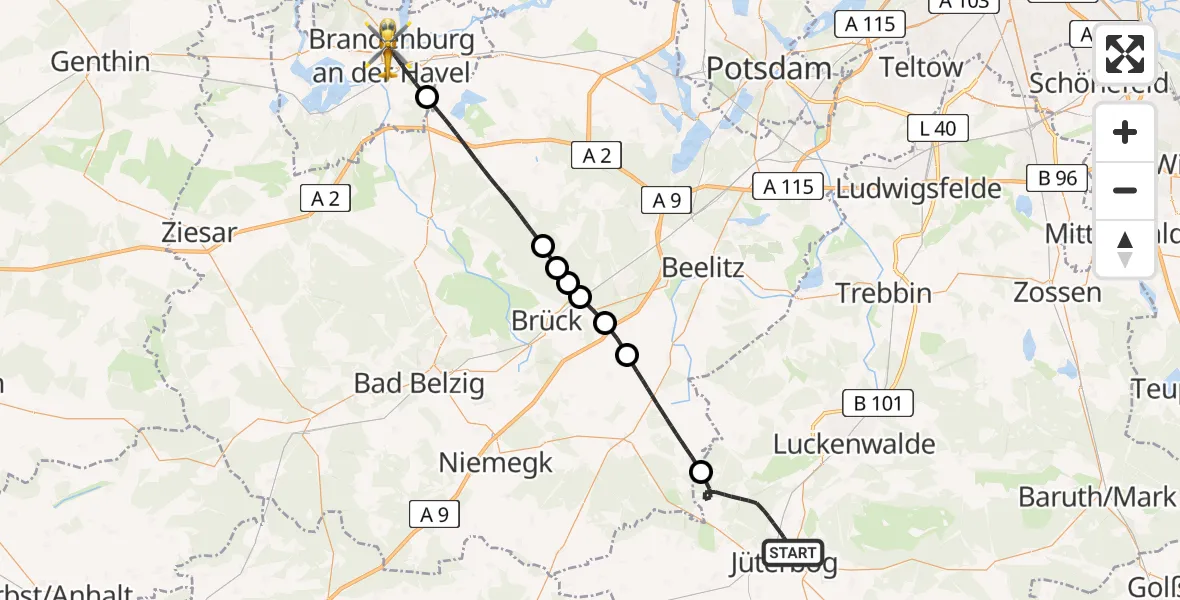 Flugroute Rettungshubschrauber Jüterbog - Brandenburg an der Havel, 04 Mai 2026, 15:24