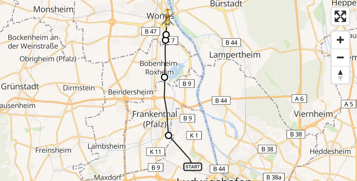 Flugroute Rettungshubschrauber Ludwigshafen am Rhein - Worms, 04 Mai 2026, 15:27