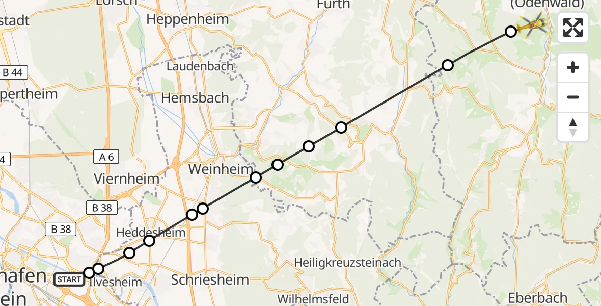 Flugroute Rettungshubschrauber Mannheim-City Flughafen - Erbach, 04 Mai 2026, 15:32