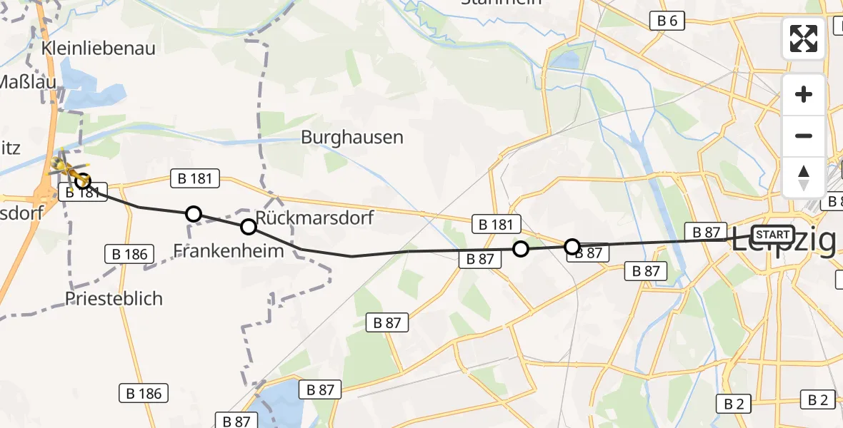 Flugroute Rettungshubschrauber Leipzig - ADAC Air Rescue Station Leipzig/Schkeuditz-Dölzig Hubschrauberlandeplatz (Christoph 61), 04 Mai 2026, 15:37
