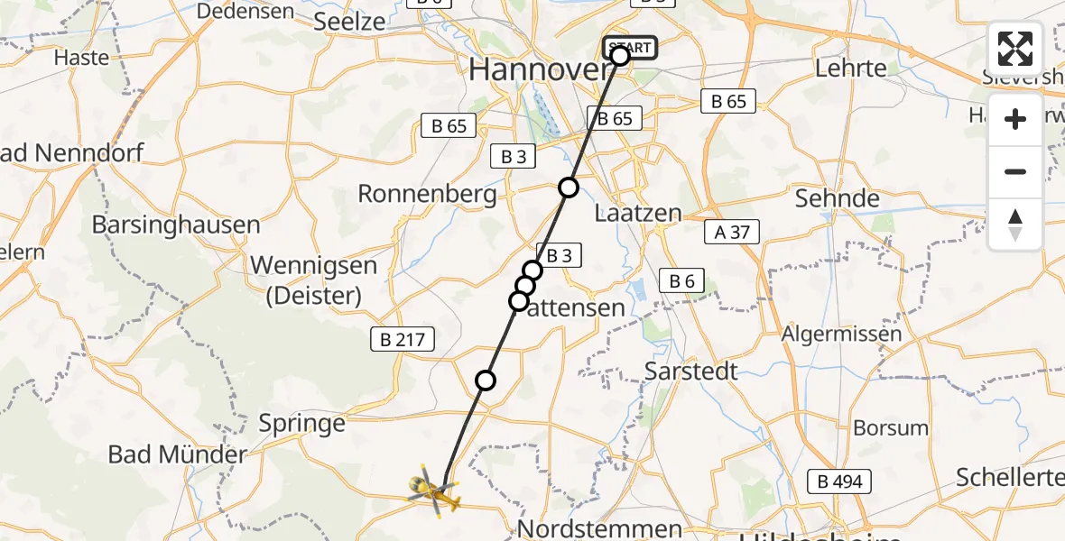 Flugroute Rettungshubschrauber Hannover Luftrettung Hubschrauberlandeplatz (Christoph 4) - Springe, 04 Mai 2026, 15:39