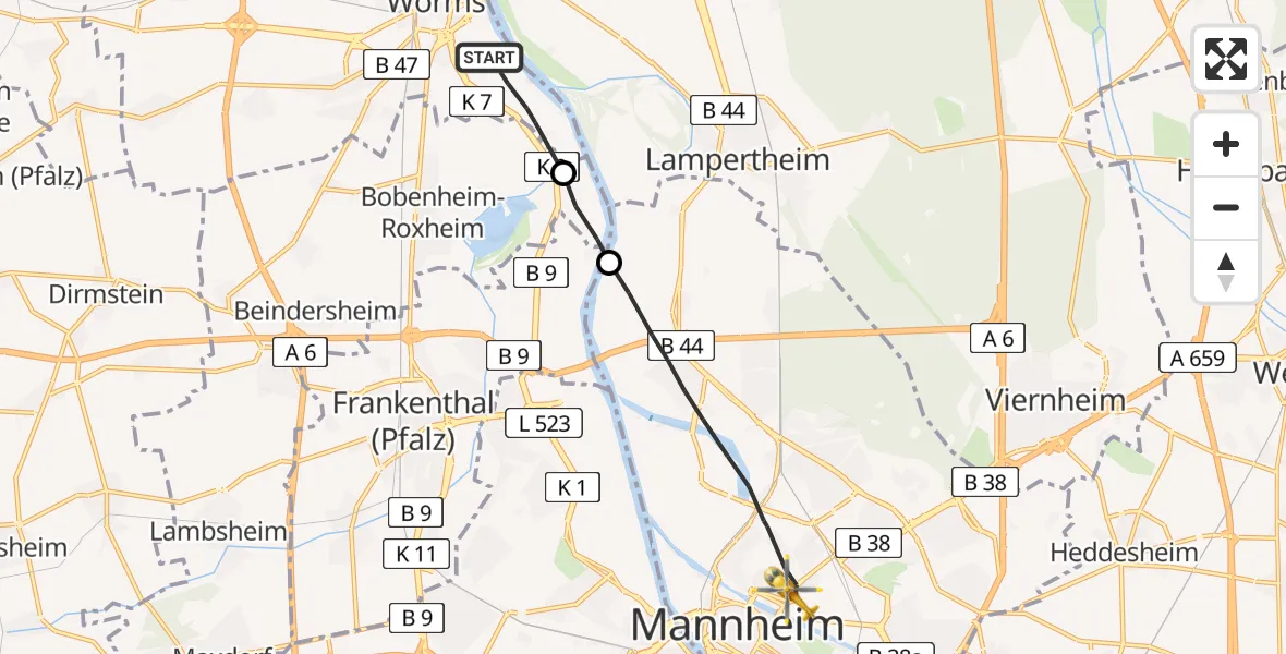 Flugroute Rettungshubschrauber Worms - Mannheim, 04 Mai 2026, 15:57