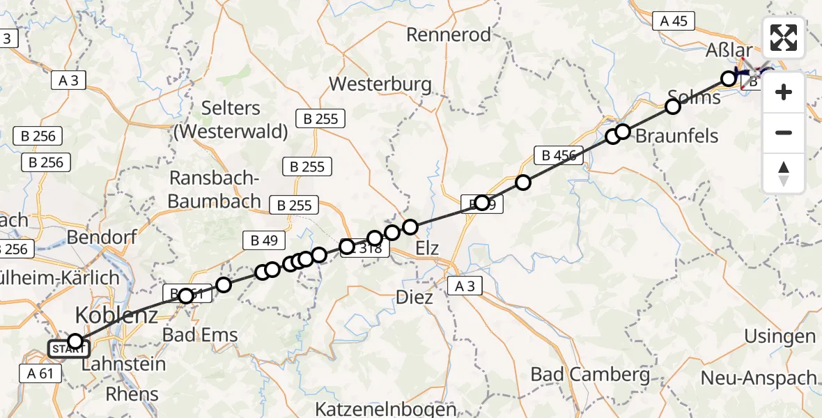 Flugroute Polizeihubschrauber Koblenz-Winningen Flugplatz - Wetzlar, 04 Mai 2026, 16:03
