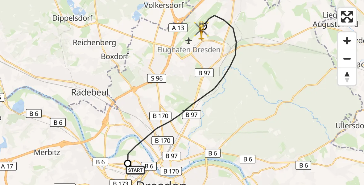 Flugroute Rettungshubschrauber Dresden Friedrichstadt Hospital - Dresden Bundespolizei Hubschrauberlandeplatz, 04 Mai 2026, 16:09