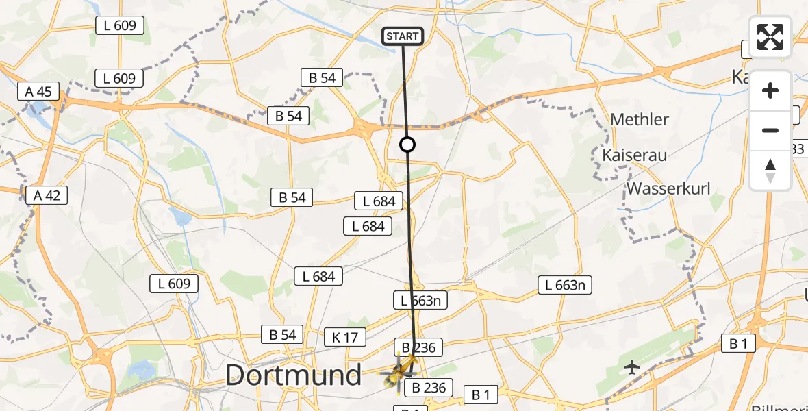 Flugroute Rettungshubschrauber Lünen - Dortmund, 04 Mai 2026, 16:11