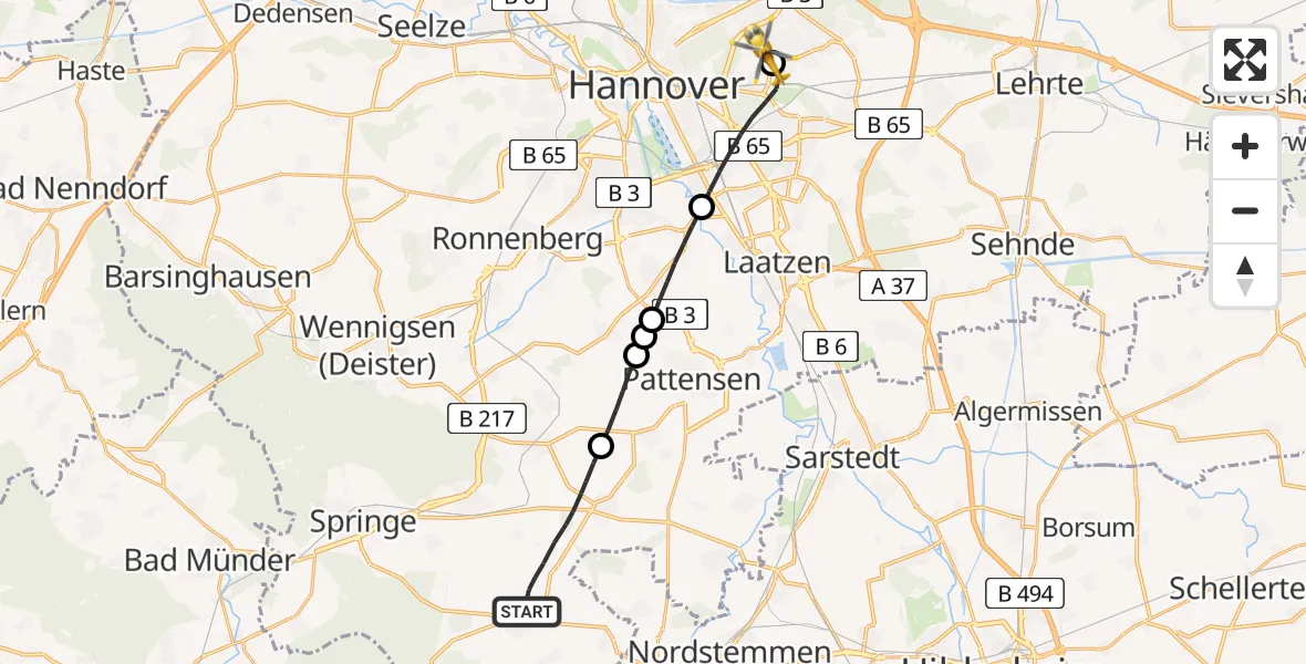 Flugroute Rettungshubschrauber Springe - Hannover Luftrettung Hubschrauberlandeplatz (Christoph 4), 04 Mai 2026, 16:12