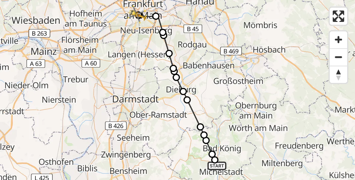 Flugroute Rettungshubschrauber Michelstadt - Frankfurt University Hospital, 04 Mai 2026, 16:18