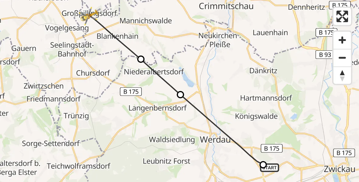 Flugroute Rettungshubschrauber ADAC Air Rescue Station Zwickau Hubschrauberlandeplatz - Crimmitschau, 04 Mai 2026, 16:21