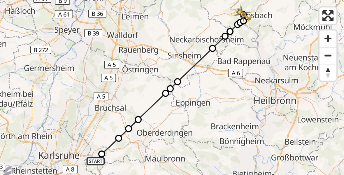 Flugroute Rettungshubschrauber Pfinztal - Obrigheim, 04 Mai 2026, 16:24