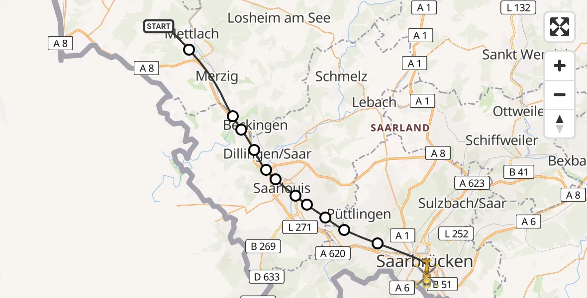 Flugroute Rettungshubschrauber Mettlach - Saarbrücken, 04 Mai 2026, 16:34