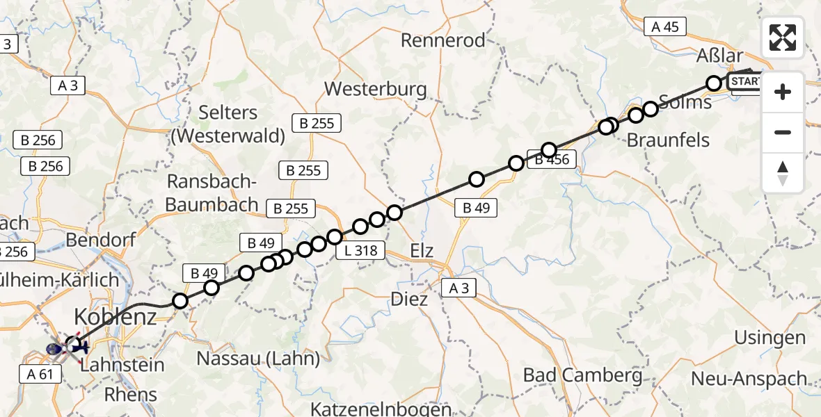 Flugroute Polizeihubschrauber Wetzlar - Koblenz-Winningen Flugplatz, 04 Mai 2026, 16:34
