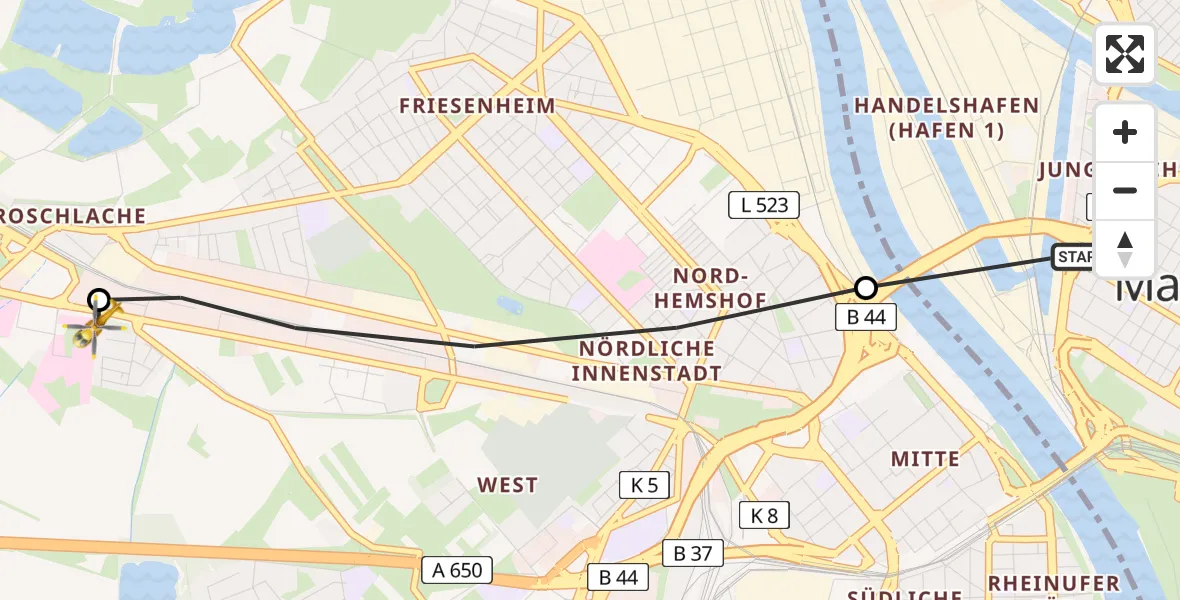 Flugroute Rettungshubschrauber Mannheim - Ludwigshafen Accident Hospital, 04 Mai 2026, 16:39