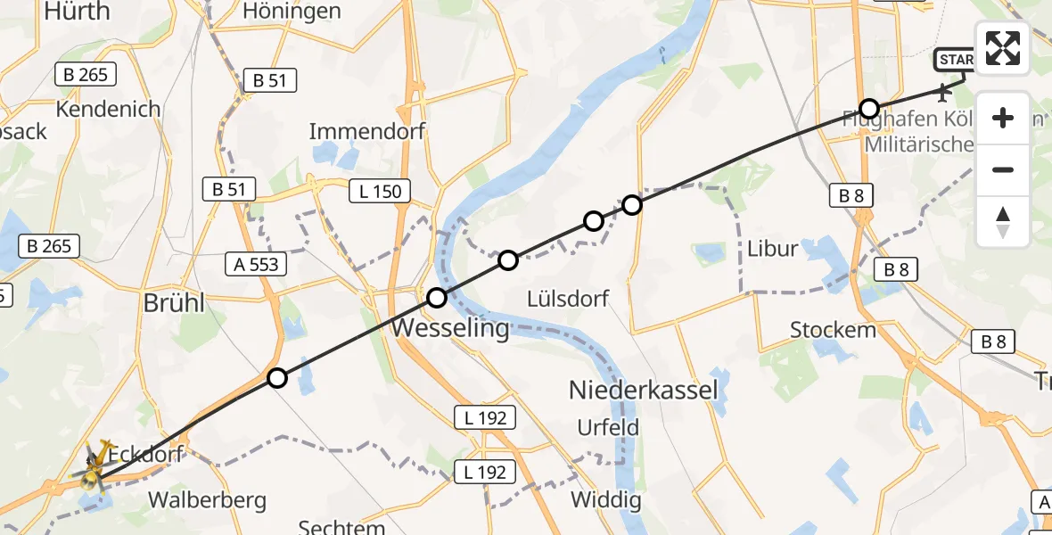 Flugroute Rettungshubschrauber Köln Bonn Flughafen - Brühl, 04 Mai 2026, 16:40