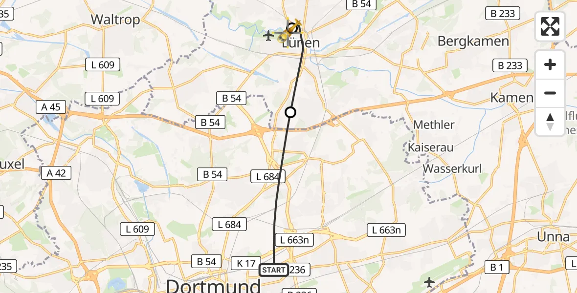 Flugroute Rettungshubschrauber Dortmund - Sankt Marien Hospital, 04 Mai 2026, 16:43