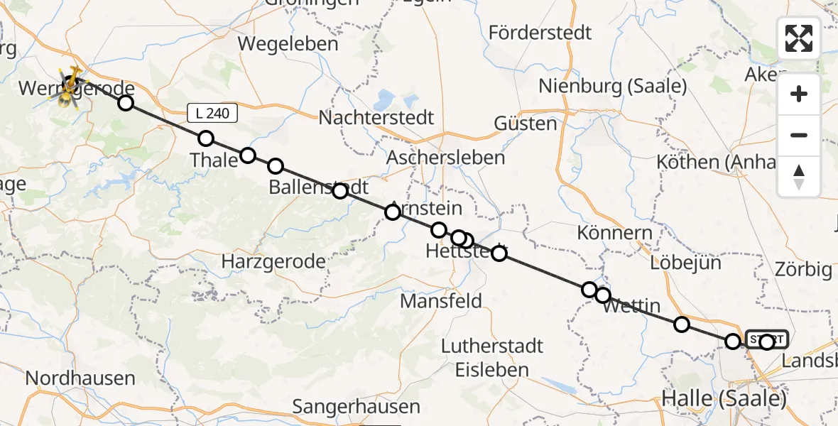 Flugroute Rettungshubschrauber Halle-Oppin Flugplatz - Harz Hospital Wernigerode, 04 Mai 2026, 16:44