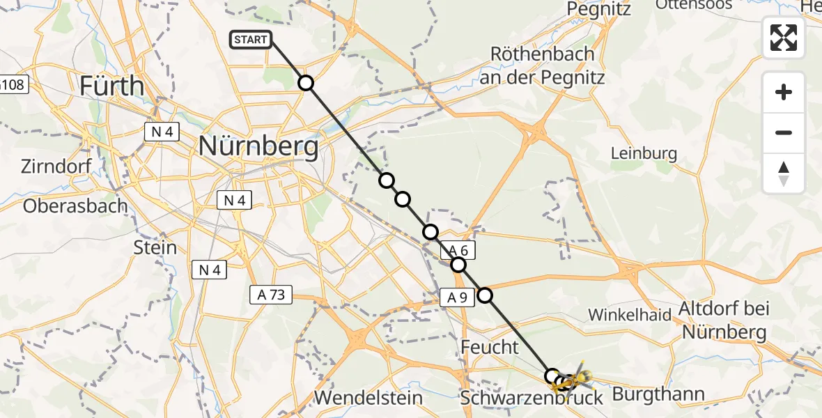 Flugroute Rettungshubschrauber Flughafen Nuremberg - Rummelsberg Hospital, 04 Mai 2026, 16:49