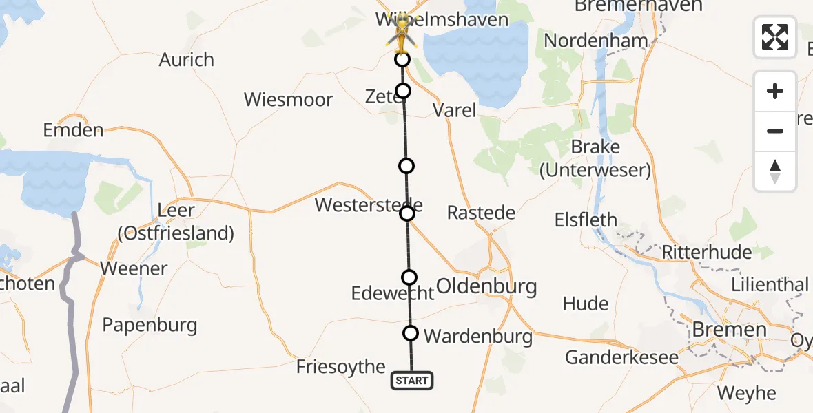 Flugroute Rettungshubschrauber Bösel - Sande, 04 Mai 2026, 16:59