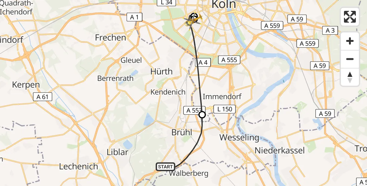 Flugroute Rettungshubschrauber Brühl - Köln University Hospital, 04 Mai 2026, 17:08