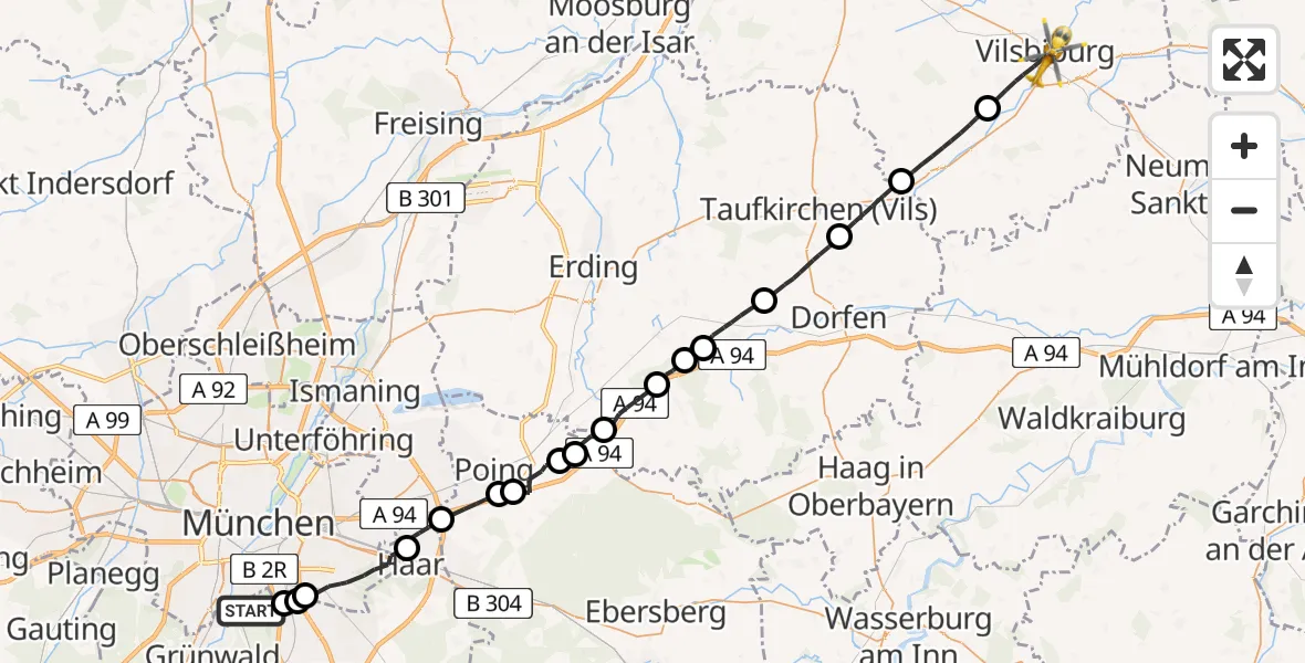 Flugroute Rettungshubschrauber Perlacher Forst - Vilsbiburg, 04 Mai 2026, 17:10