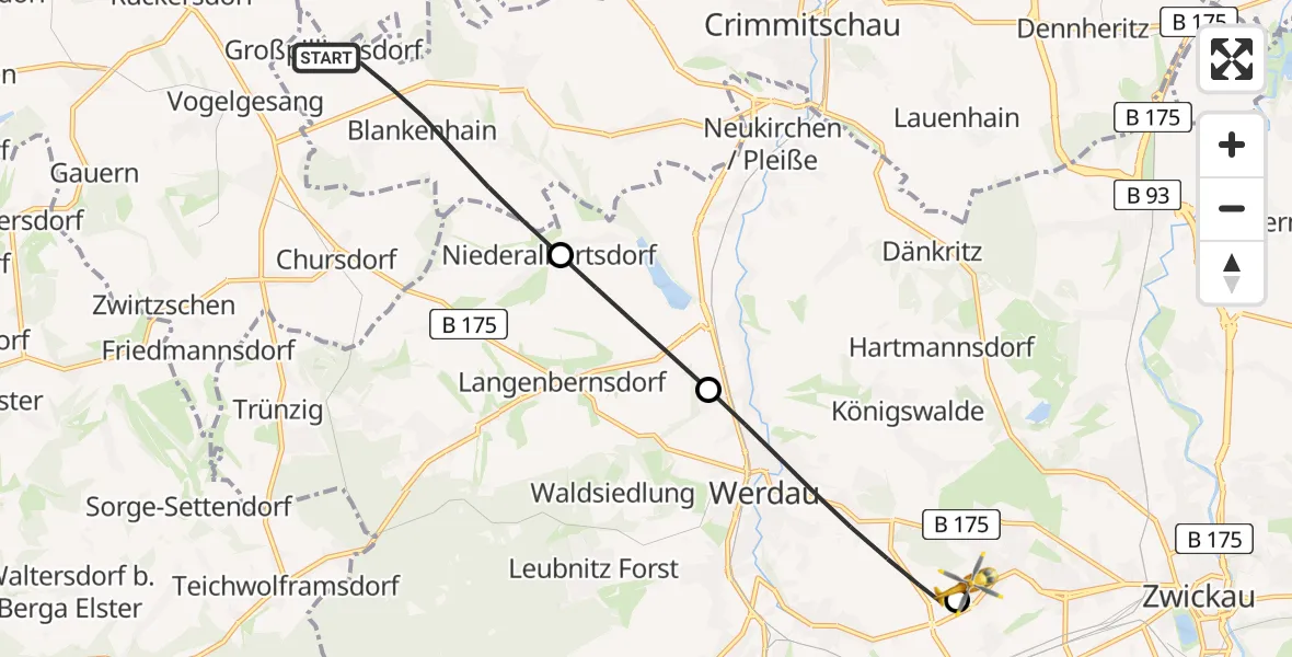 Flugroute Rettungshubschrauber Crimmitschau - ADAC Air Rescue Station Zwickau Hubschrauberlandeplatz, 04 Mai 2026, 17:14