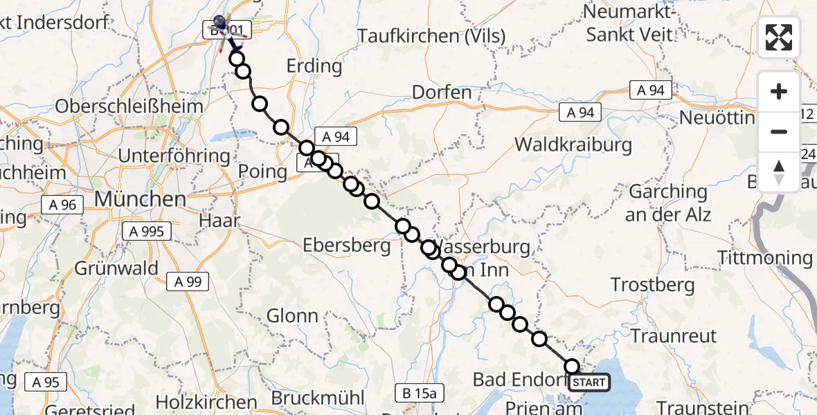 Flugroute Polizeihubschrauber Gstadt a.Chiemsee - Hallbergmoos, 04 Mai 2026, 17:38
