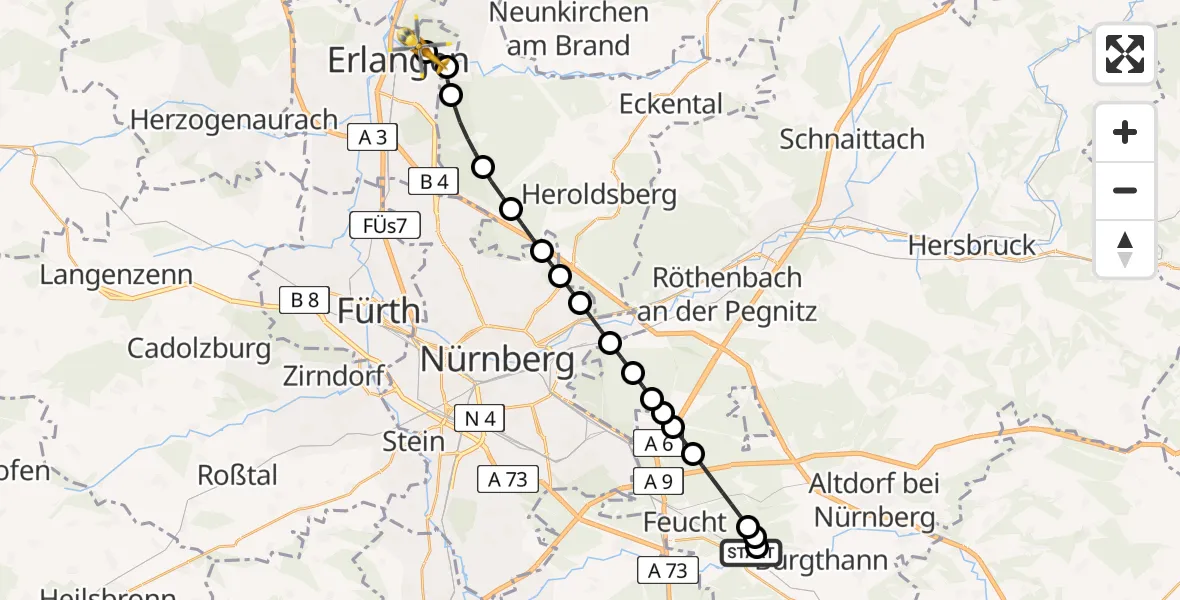 Flugroute Rettungshubschrauber Rummelsberg Hospital - Erlangen University Hospital Ebrardstraße, 04 Mai 2026, 17:42