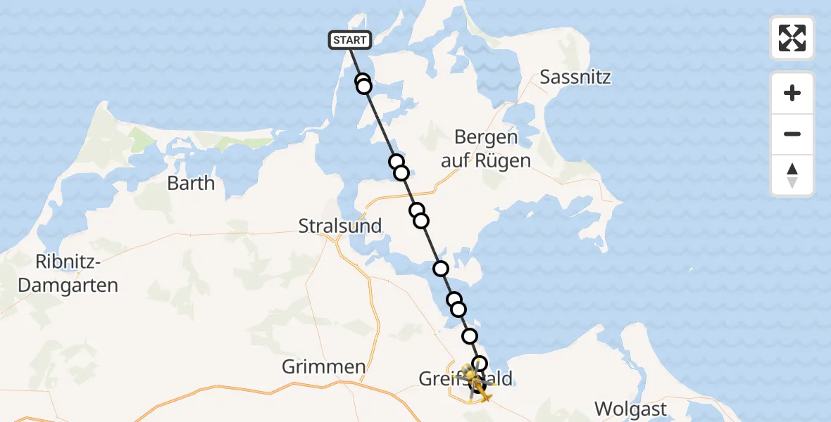 Flugroute Rettungshubschrauber Insel Hiddensee - Greifswald Hospital, 04 Mai 2026, 17:48
