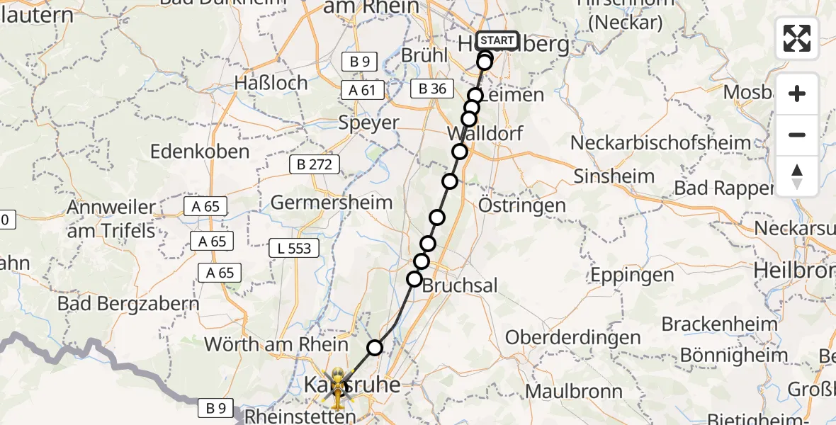 Flugroute Rettungshubschrauber Heidelberg - Sankt Vincentius Hospital, 04 Mai 2026, 17:51