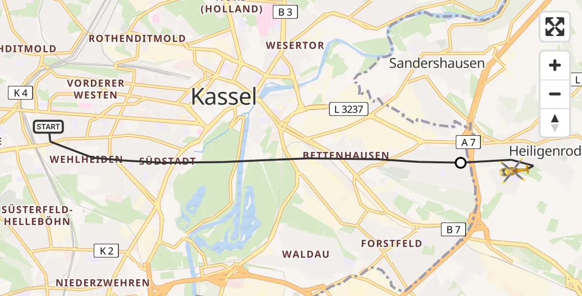 Flugroute Rettungshubschrauber Kassel - Niestetal, 04 Mai 2026, 17:56