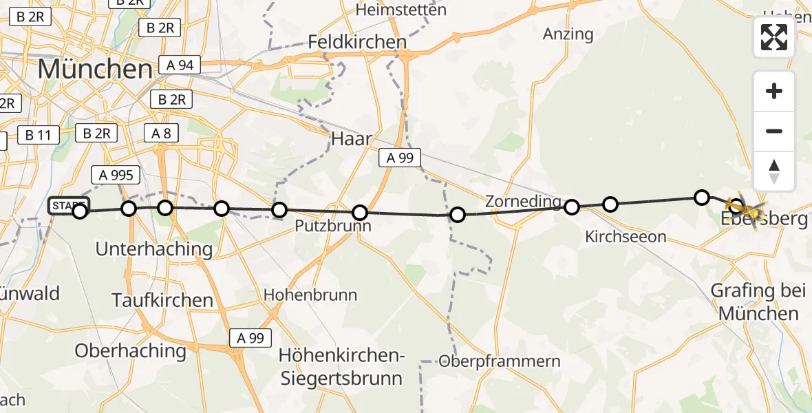Flugroute Rettungshubschrauber ADAC Air Rescue Center Hubschrauberlandeplatz (Christoph 1) - Ebersberg Hubschrauberlandeplatz, 04 Mai 2026, 18:12