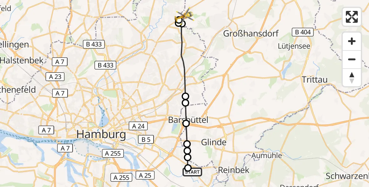 Flugroute Ambulanzhubschrauber Christoph Hansa ADAC Hubschrauberlandeplatz - Ammersbek, 04 Mai 2026, 18:18