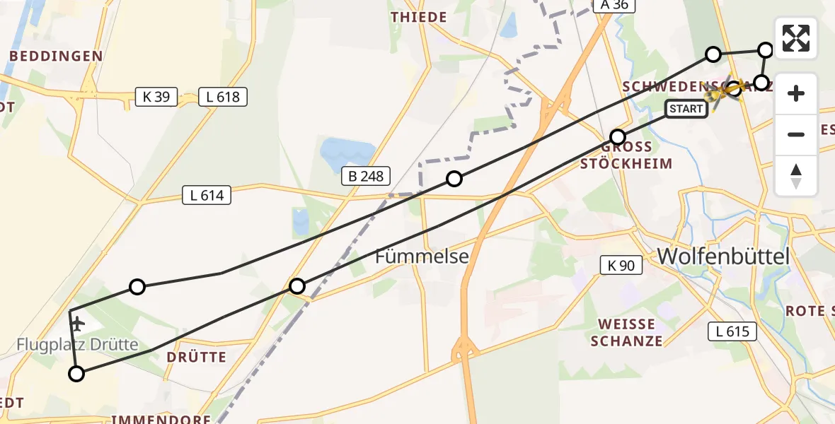 Flugroute Rettungshubschrauber Wolfenbüttel Municipal Hospital Heliport (Christoph 30) - Wolfenbüttel Municipal Hospital Heliport (Christoph 30), 04 Mai 2026, 18:25