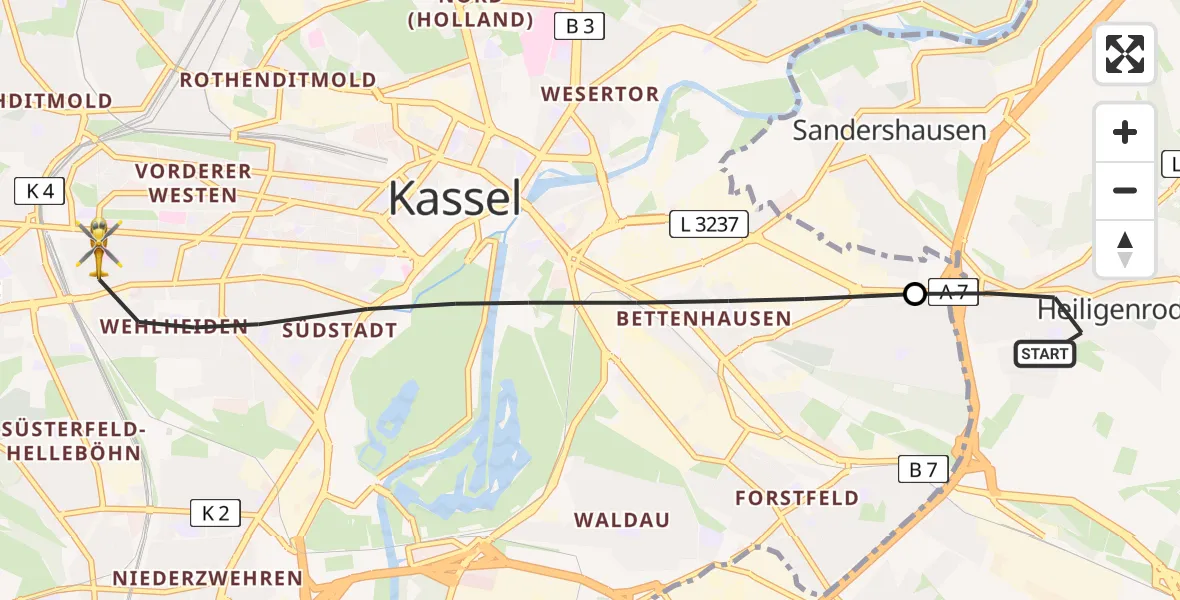 Flugroute Rettungshubschrauber Niestetal - Kassel, 04 Mai 2026, 18:27