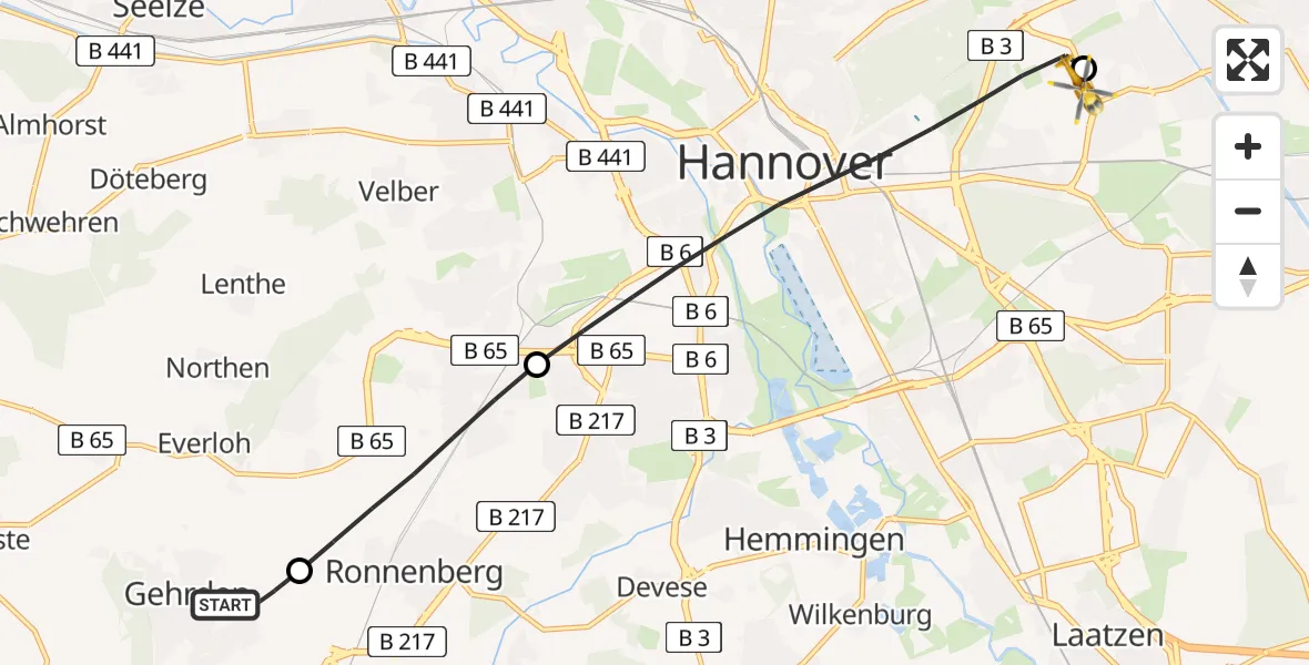 Flugroute Rettungshubschrauber Gehrden - Hannover Luftrettung Hubschrauberlandeplatz (Christoph 4), 04 Mai 2026, 18:40