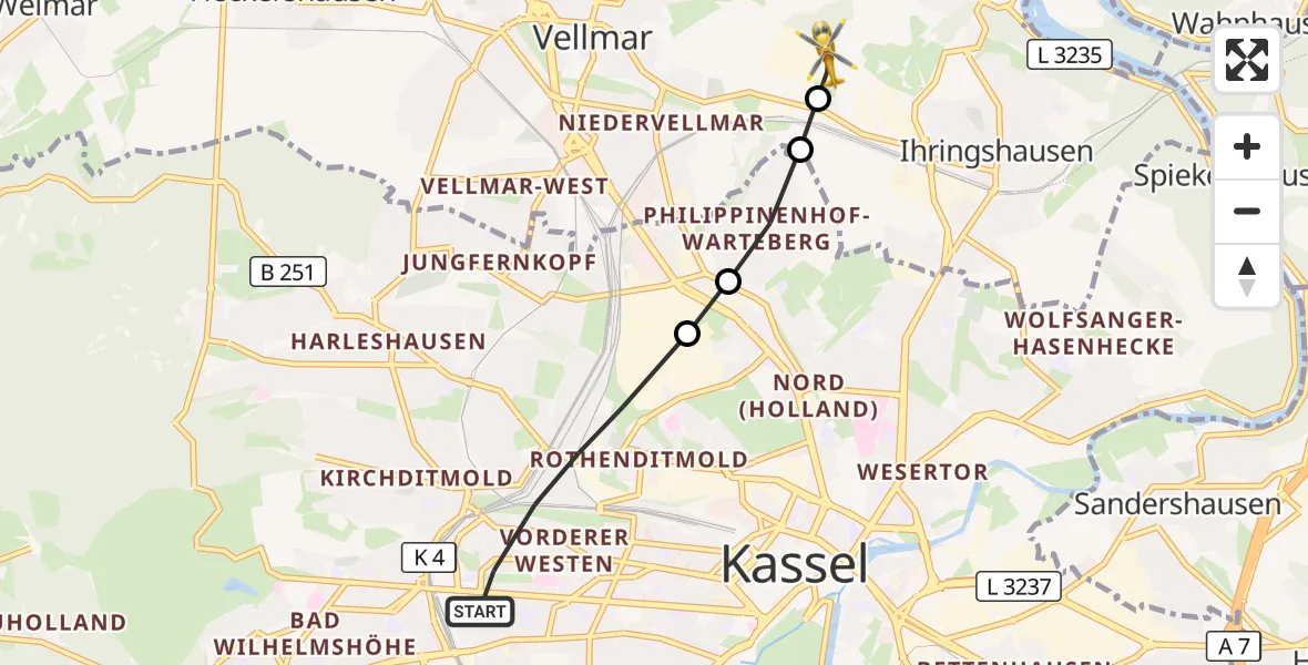 Flugroute Rettungshubschrauber Kassel - Fuldatal Bundespolizei Hubschrauberlandeplatz, 04 Mai 2026, 18:41