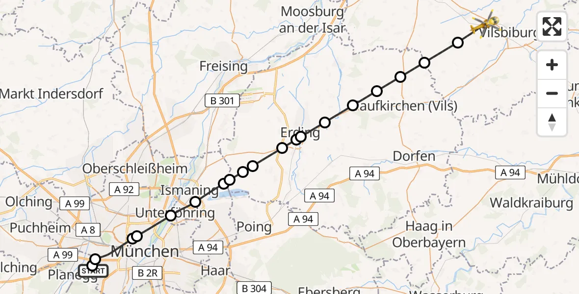 Flugroute Rettungshubschrauber DRF Air Rescue München Hubschrauberlandeplatz - Geisenhausen, 04 Mai 2026, 18:44