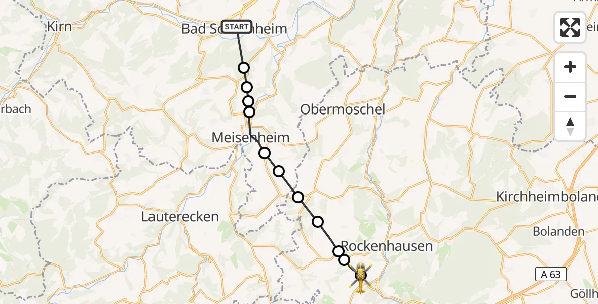 Flugroute Rettungshubschrauber Bad Sobernheim - Imsweiler UL, 04 Mai 2026, 18:45