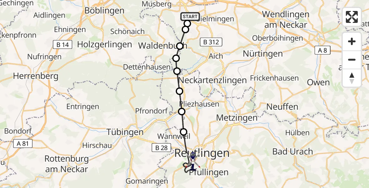 Flugroute Polizeihubschrauber Flughafen Stuttgart - Reutlingen, 04 Mai 2026, 18:45