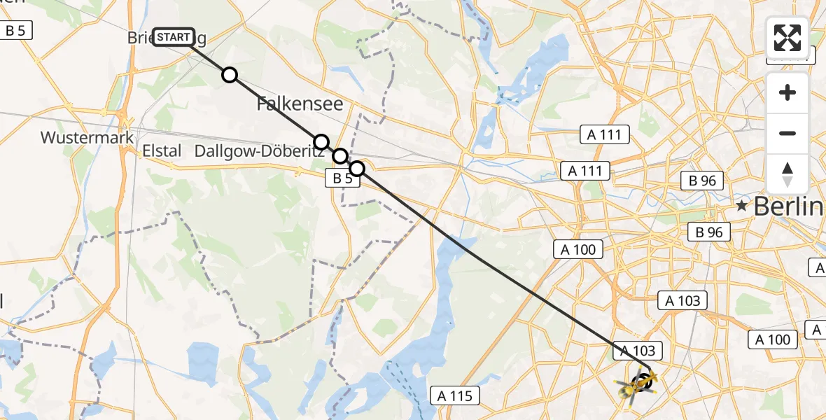 Flugroute Rettungshubschrauber Brieselang - Charité Clinic Benjamin Franklin Campus, 04 Mai 2026, 18:48