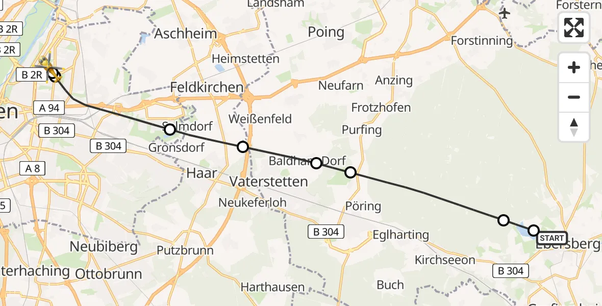 Flugroute Rettungshubschrauber Ebersberg Hubschrauberlandeplatz - München Bogenhausen Hospital, 04 Mai 2026, 18:59