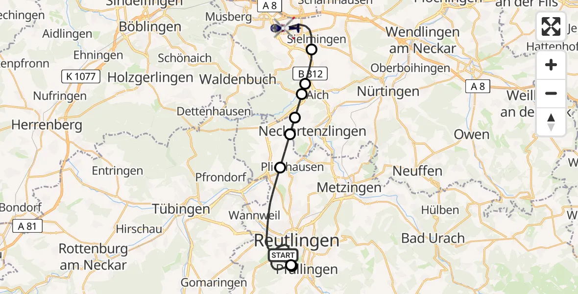 Flugroute Polizeihubschrauber Reutlingen - Flughafen Stuttgart, 04 Mai 2026, 19:11
