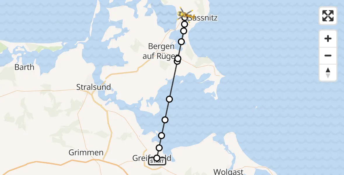 Flugroute Rettungshubschrauber Greifswald Hospital - Sagard, 04 Mai 2026, 19:24