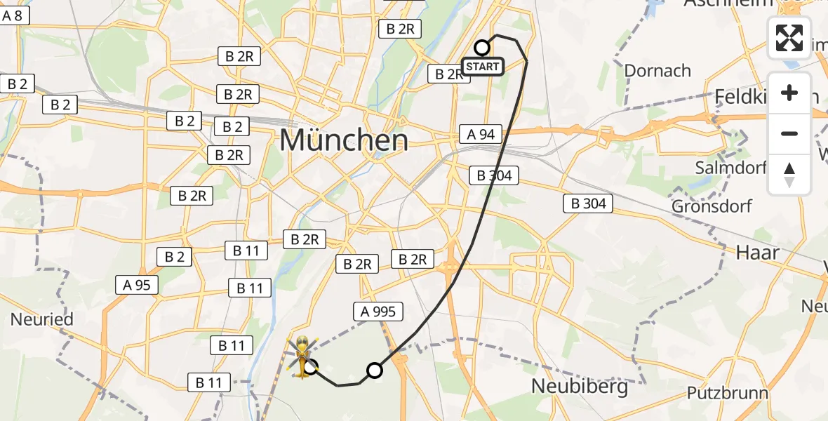 Flugroute Rettungshubschrauber München Bogenhausen Hospital - ADAC Air Rescue Center Hubschrauberlandeplatz (Christoph 1), 04 Mai 2026, 19:26