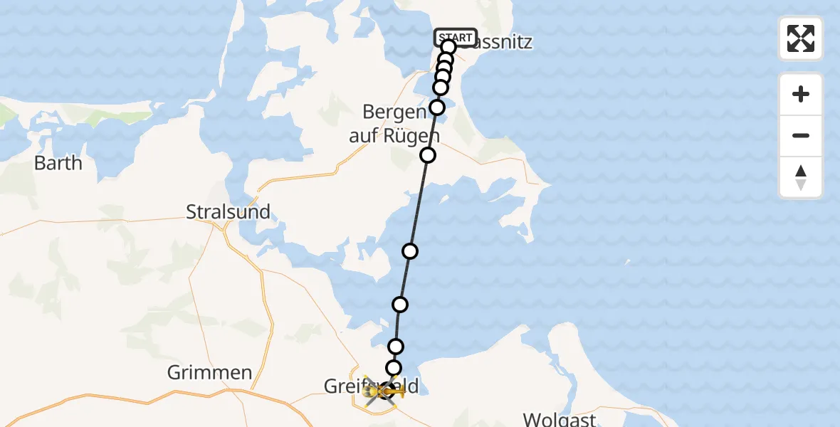 Flugroute Rettungshubschrauber Sagard - Greifswald Hospital, 04 Mai 2026, 19:57