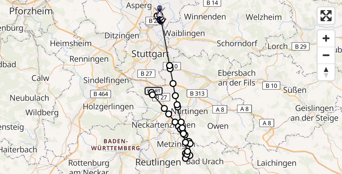 Flugroute Polizeihubschrauber Flughafen Stuttgart - Ludwigsburg, 04 Mai 2026, 20:31