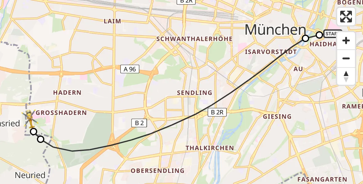 Flugroute Rettungshubschrauber Rechts der Isar University Hospital - DRF Air Rescue München Hubschrauberlandeplatz, 04 Mai 2026, 20:38