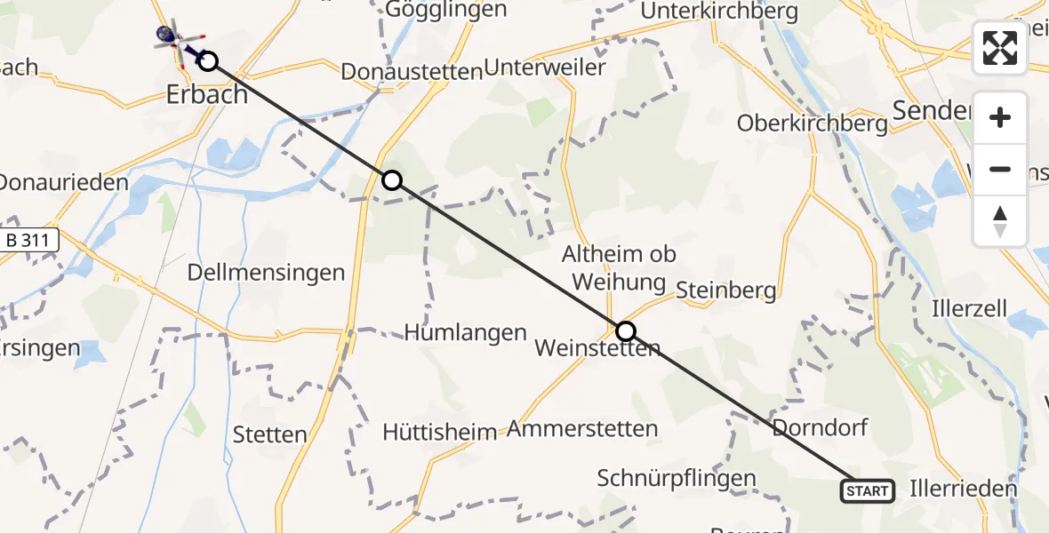 Flugroute Polizeihubschrauber Illerrieden - Erbach, 04 Mai 2026, 20:39