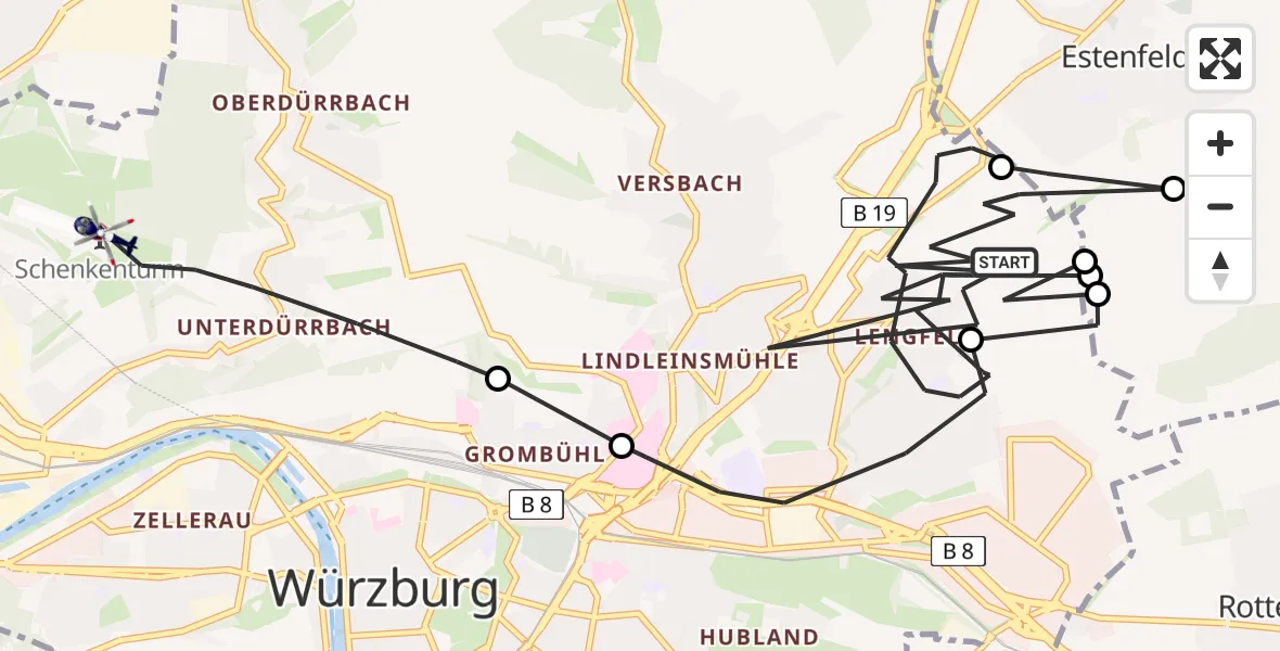 Flugroute Polizeihubschrauber Würzburg - Würzburg-Schenkenturm Flugplatz, 04 Mai 2026, 20:50