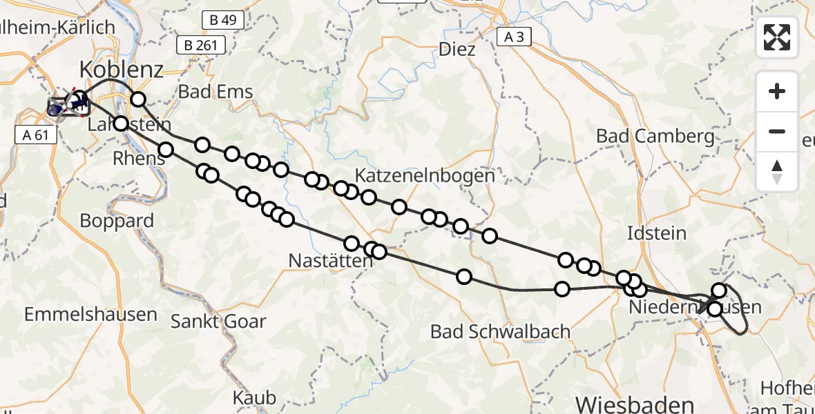 Flugroute Polizeihubschrauber Koblenz-Winningen Flugplatz - Koblenz-Winningen Flugplatz, 04 Mai 2026, 21:16