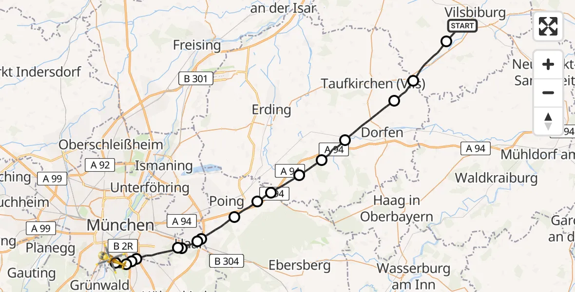 Flugroute Rettungshubschrauber Vilsbiburg - ADAC Air Rescue Center Hubschrauberlandeplatz (Christoph 1), 04 Mai 2026, 21:18